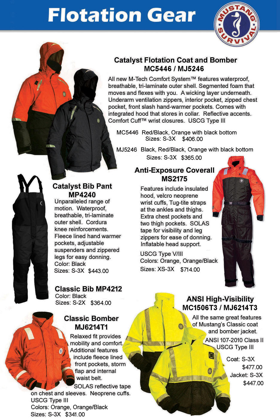 Mustang Survival flotation coats, jackets, bibs and worksuits